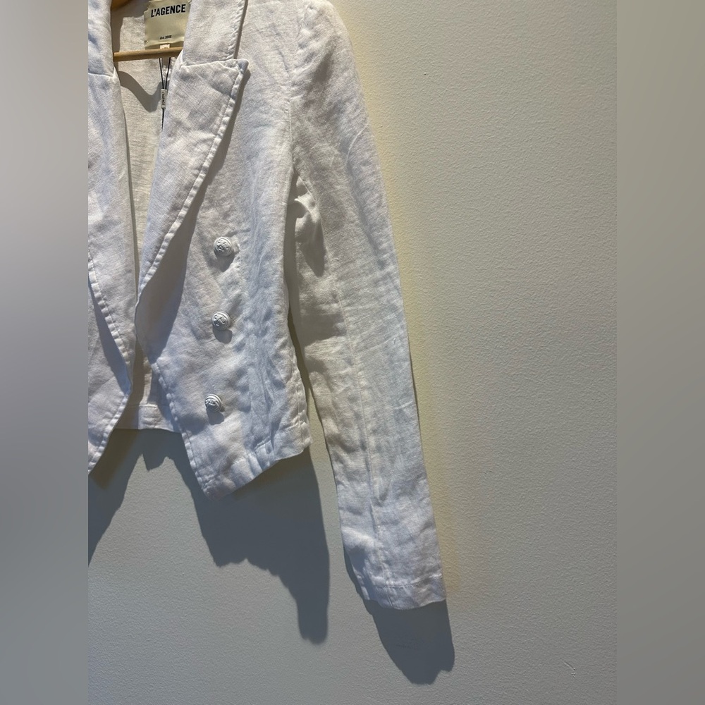 NWT L'AGENCE Women's Wayne Cropped Double-Breasted Linen Blazer White - Picture 7 of 10